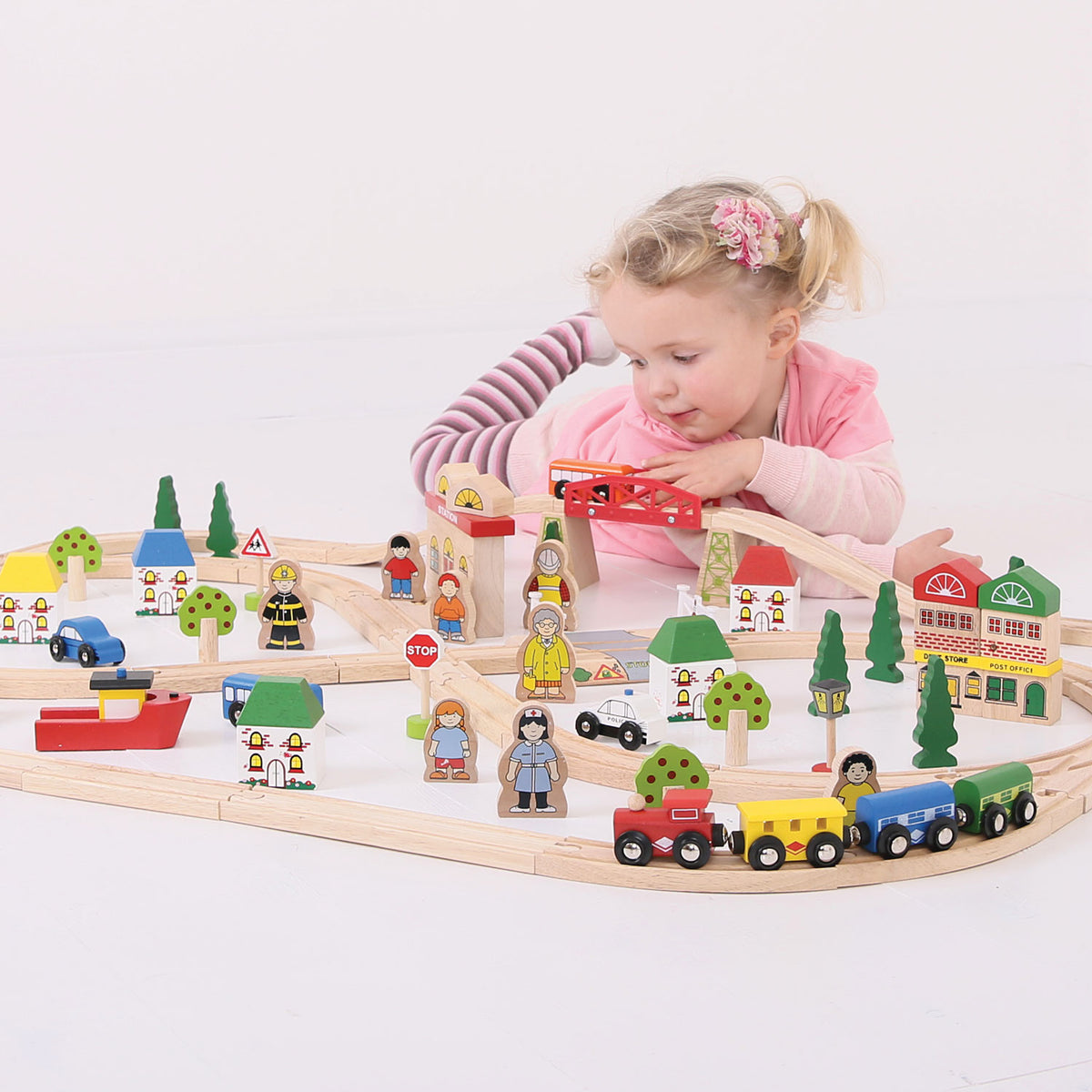 Bigjigs houten treinbaan en autobaan set - 91 delen