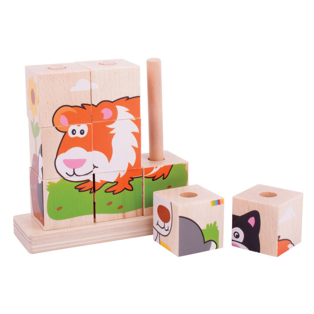 Bigjigs houten blokpuzzel huisdieren, 10st.