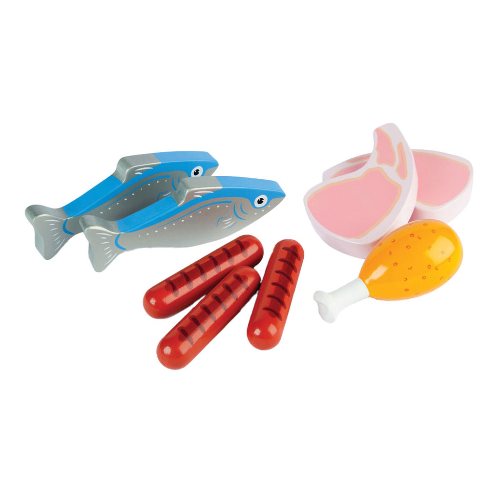 Tidlo houten speeleten vlees en vis in kist, 8dlg.
