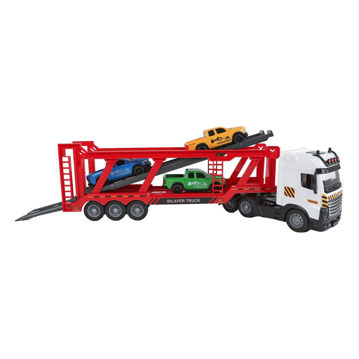 2-Play - 2- vrachtwagen autotransporter met 3 auto's met licht en geluid