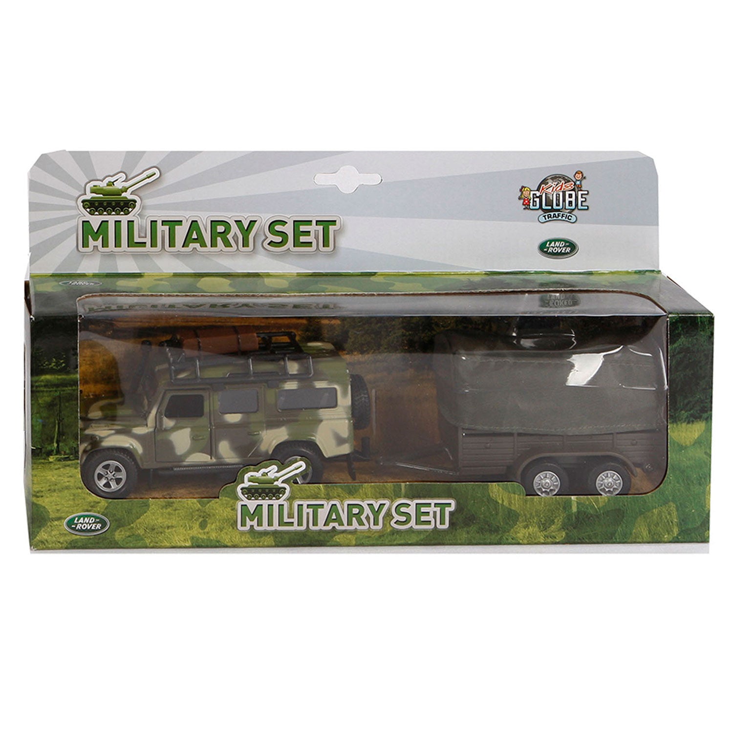 Kids globe land rover met aanhanger military