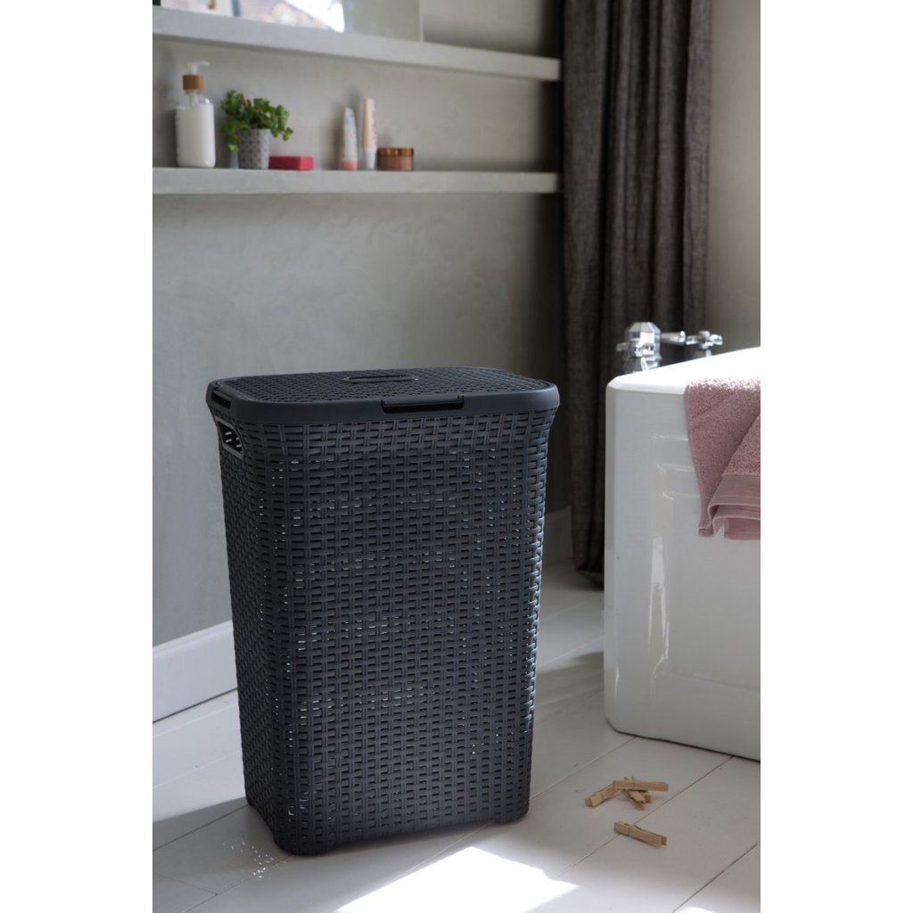 Curver style wasbox met deksel rotanstyle 60 liter antraciet 45x34x62 cm