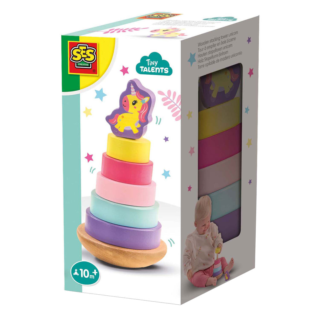 Ses houten stapeltoren eenhoorn