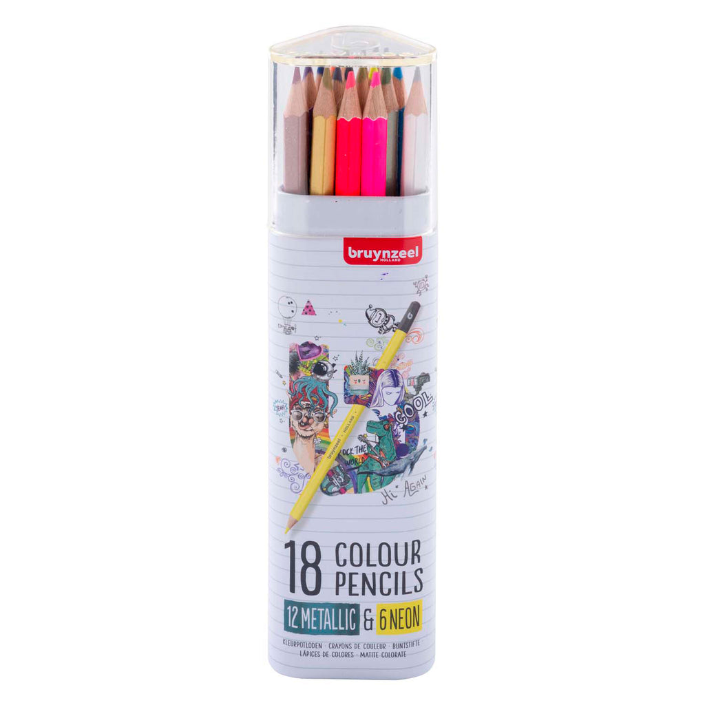 Bruynzeel kleurpotloden blik metallic neon, 18 kleuren