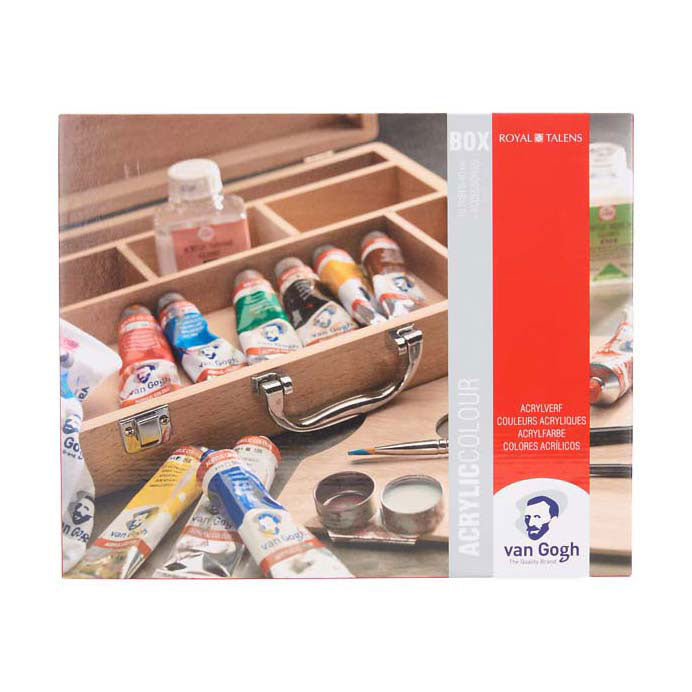 Van gogh acrylverf in kist basic met 10 kleuren in tubes van 40 ml + accessoires