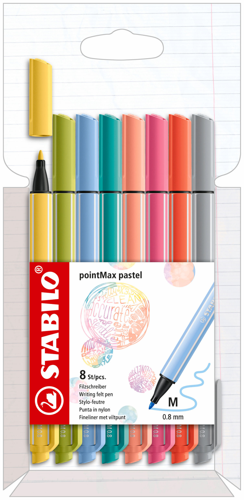 Stabilo pointmax - hardtip fineliner 0,8 mm - nylon punt - etui met 8 pastel kleuren