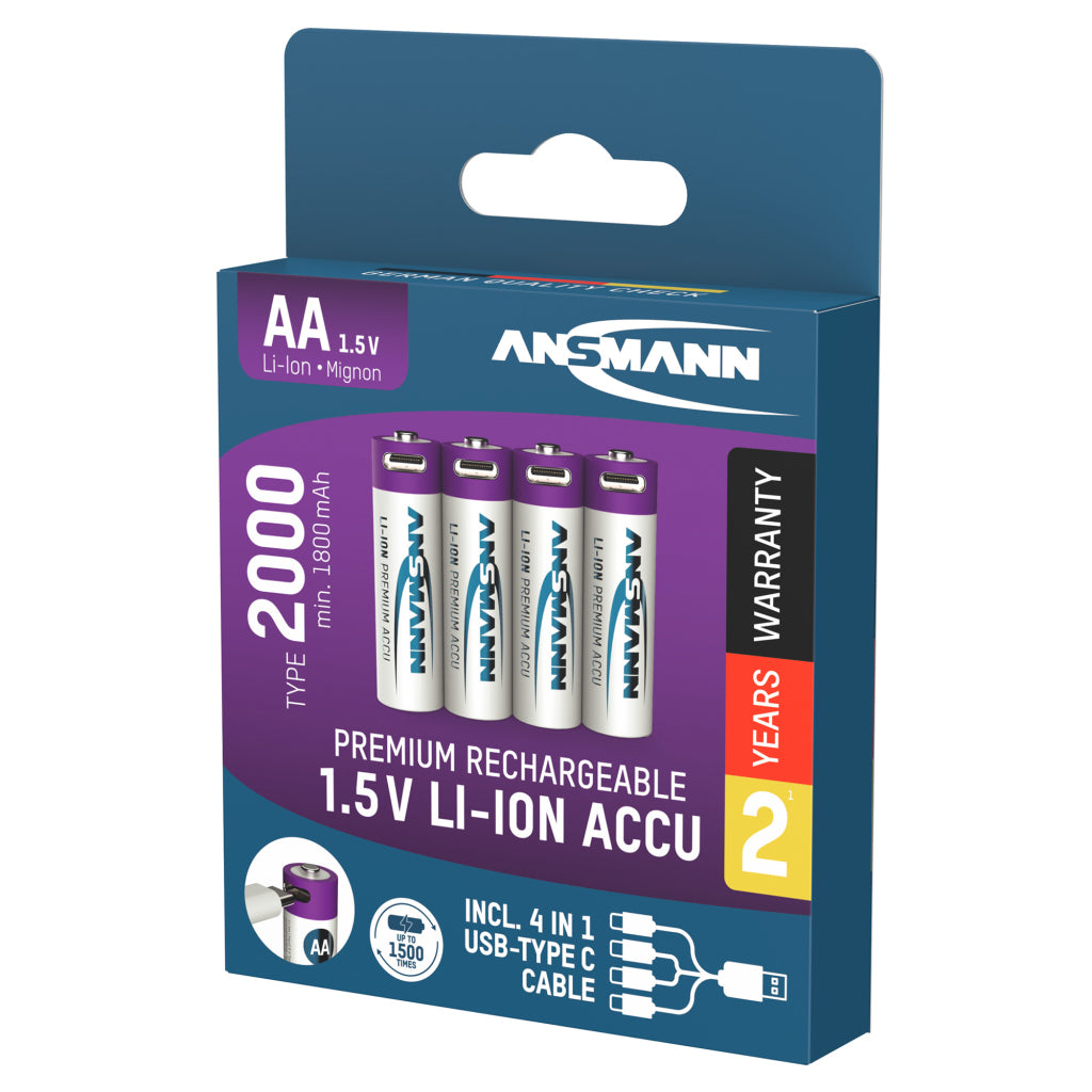 Ansmann oplaadbare aa batterijen - li-ion - incl. usb-c oplaadkabel - 4 stuks