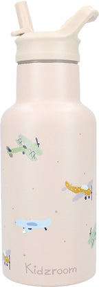 Kidzroom small talk - schoolbeker en drinkfles - 350ml - stainless steel - vliegtuigen - beige