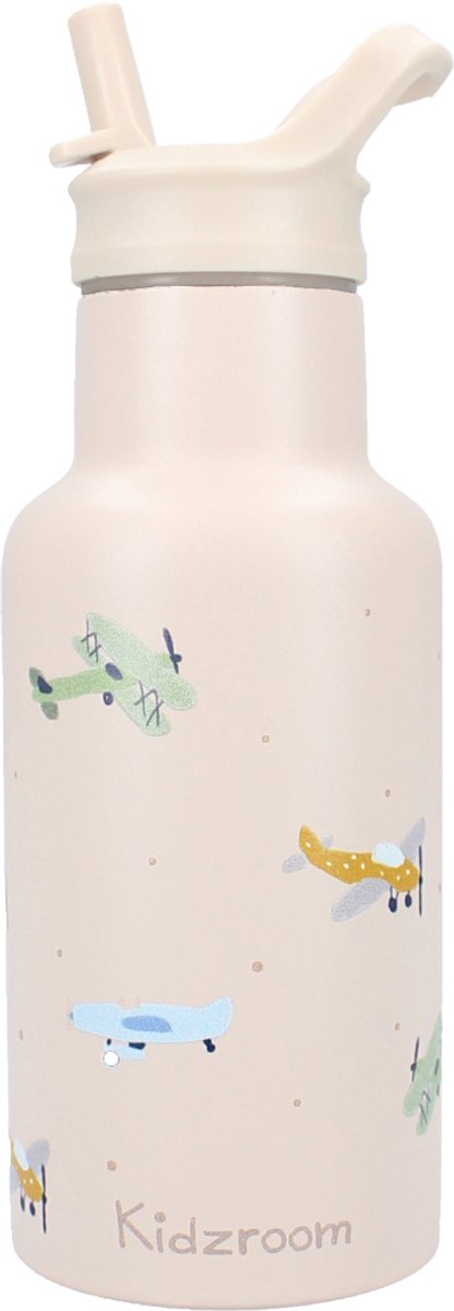 Kidzroom small talk - schoolbeker en drinkfles - 350ml - stainless steel - vliegtuigen - beige