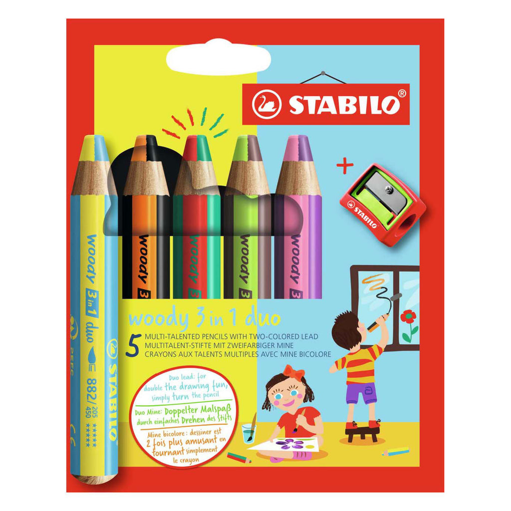 Stabilo woody 3 in 1 duo - multitalent kleurpotlood - set 5 st. + puntenslijper