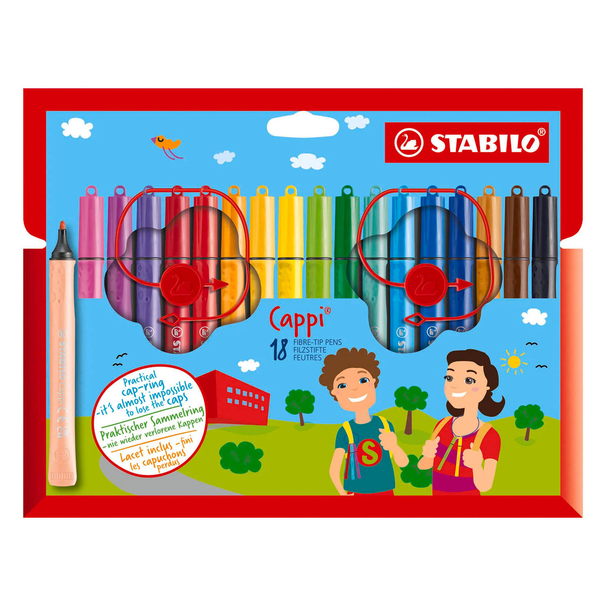 Stabilo cappi - viltstift - nooit meer je dop kwijt dankzij de dopring - etui met 18 kleuren + 2 dopringen