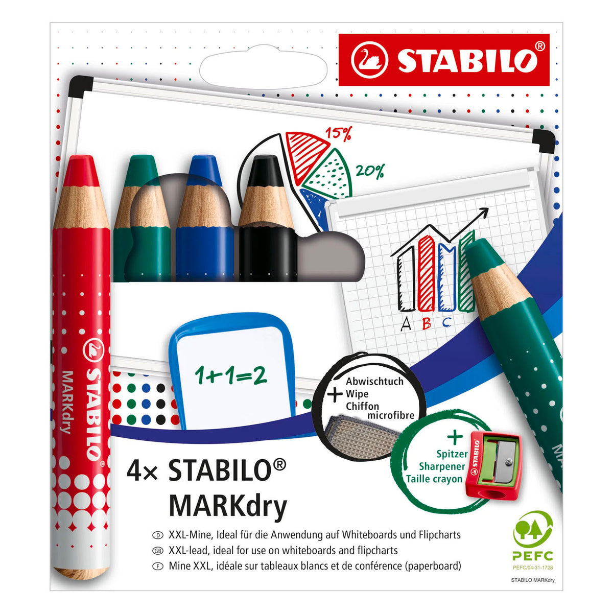 STABILO - STABILO markdry set van 4 whiteboard potloden puntenslijper en reinigingsdoekje