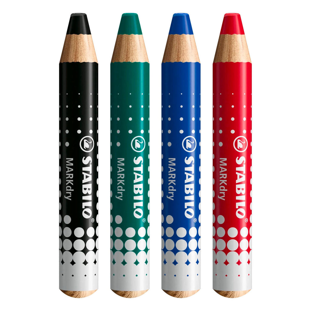 STABILO - STABILO markdry set van 4 whiteboard potloden puntenslijper en reinigingsdoekje