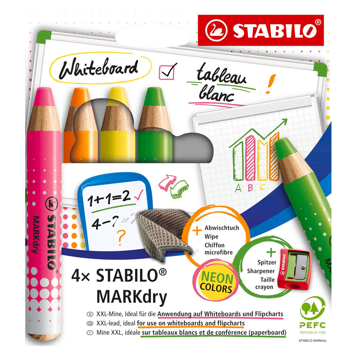 STABILO - STABILO markdry neon set van 4 whiteboard potloden puntenslijper en reinigingsdoekje