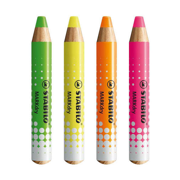 STABILO - STABILO markdry neon set van 4 whiteboard potloden puntenslijper en reinigingsdoekje