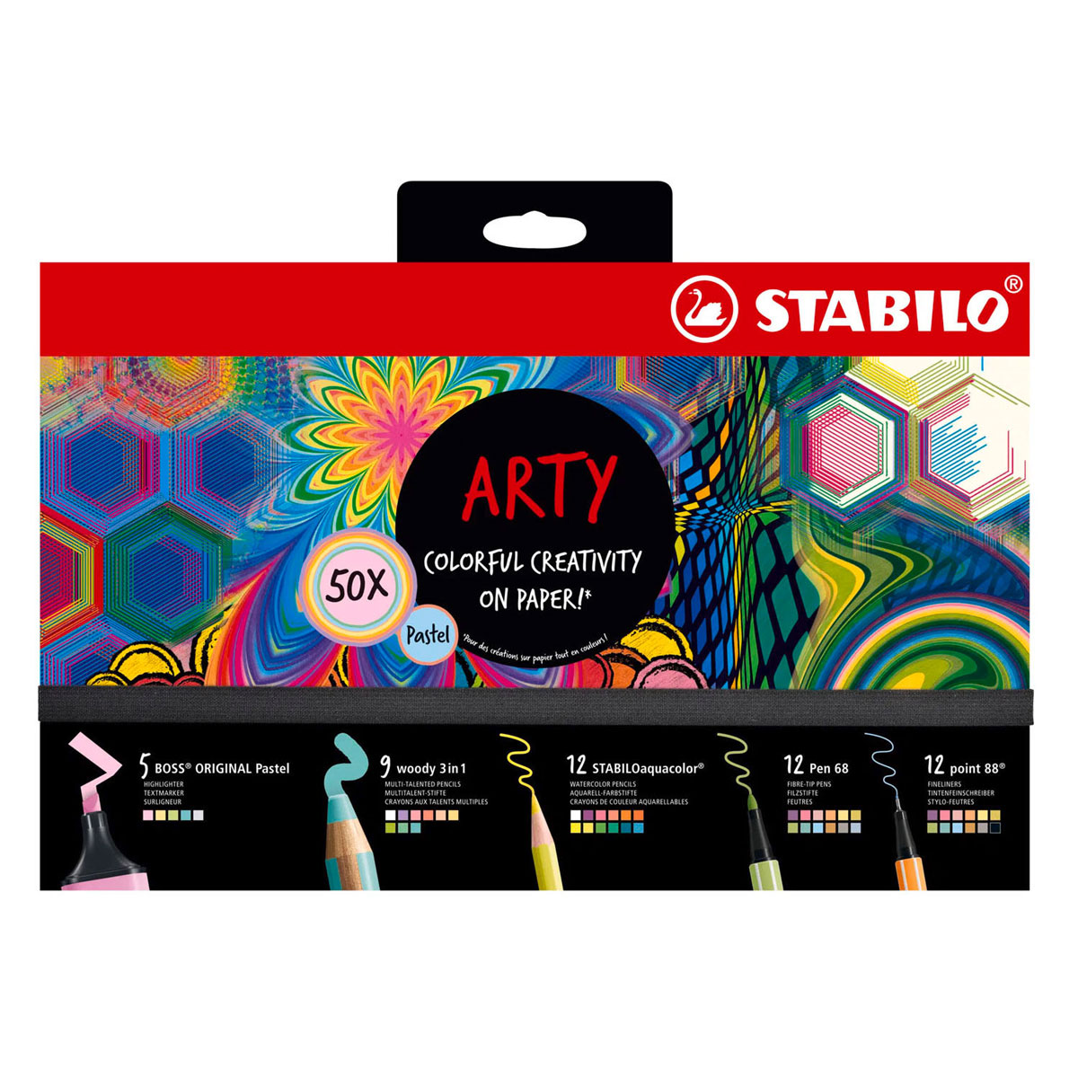 Stabilo boss original, woody 3 in 1, aquacolor, pen 68 en point 88 - creative arty mix set in luxe box - met 50 stuks