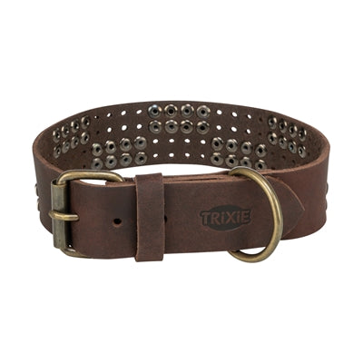 Trixie - halsband hond rivet rustic vetleer donkerbruin