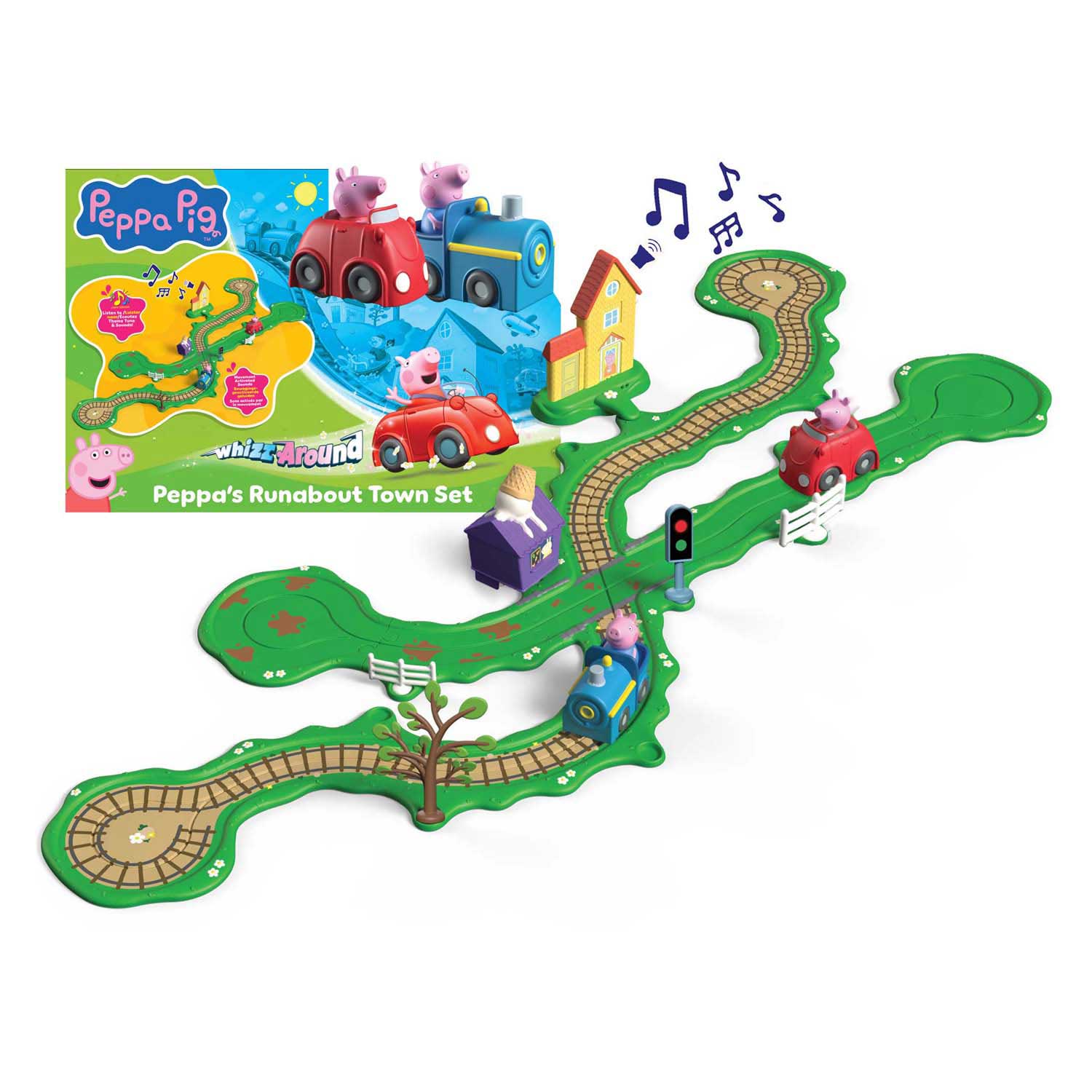 Gear2play peppa pig whizz around - peppa's rondweg door de stad speelset - modulaire rijbaan voor whizz around voertuigen - interactief met muziek en geluid