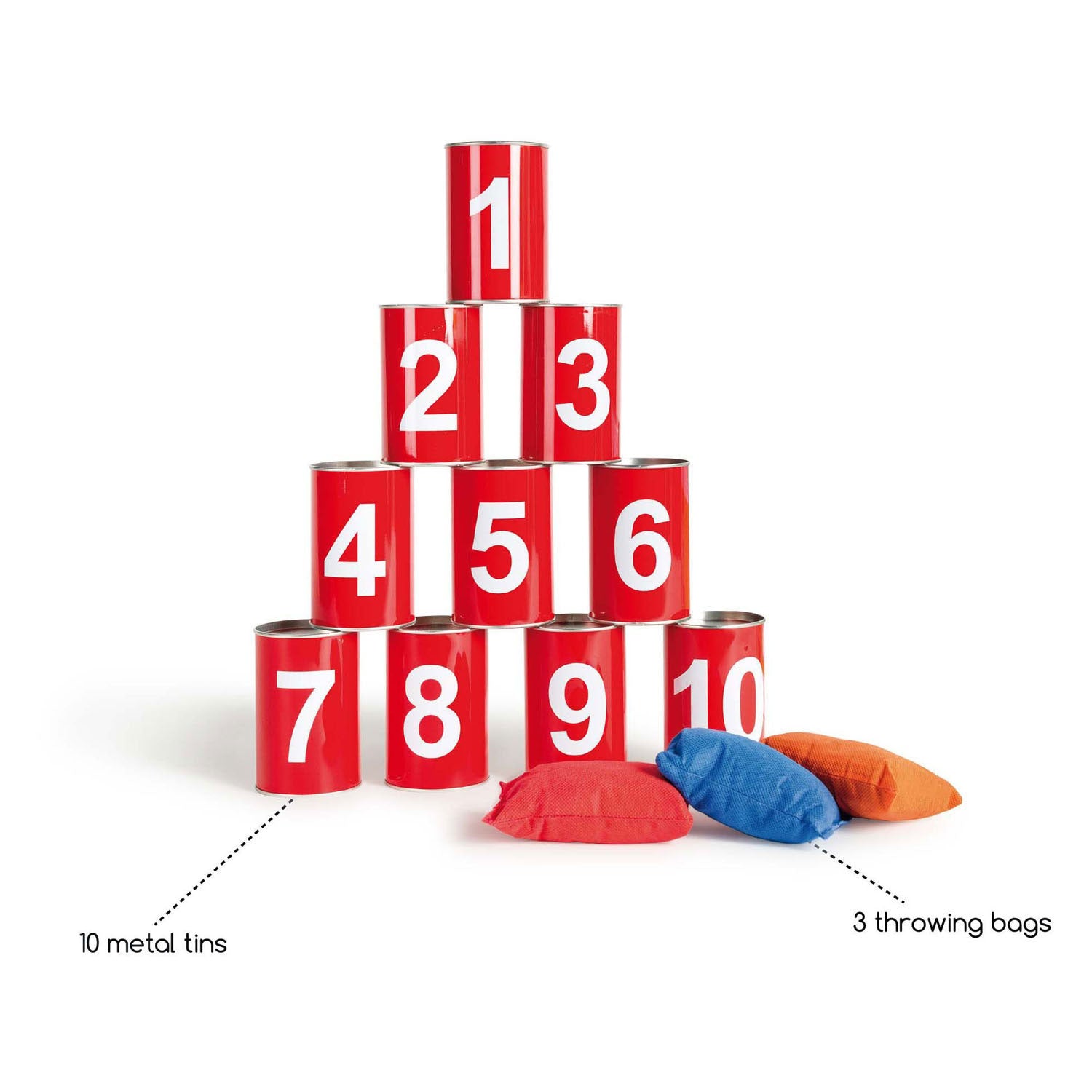 Bs toys blikgooien werpspel - speelgoed pittenzak gooien - kinderspeelgoed vanaf 3 jaar - buitenspeelgoed - 10 blikken - rood - spelletjes voor kinderen - buiten speelgoed - buitenspel - buiten spellen - tuin speelgoed - cadeau kind