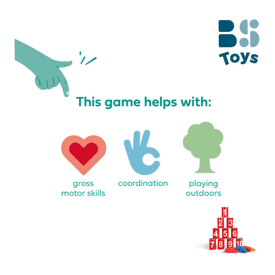 Bs toys blikgooien werpspel - speelgoed pittenzak gooien - kinderspeelgoed vanaf 3 jaar - buitenspeelgoed - 10 blikken - rood - spelletjes voor kinderen - buiten speelgoed - buitenspel - buiten spellen - tuin speelgoed - cadeau kind