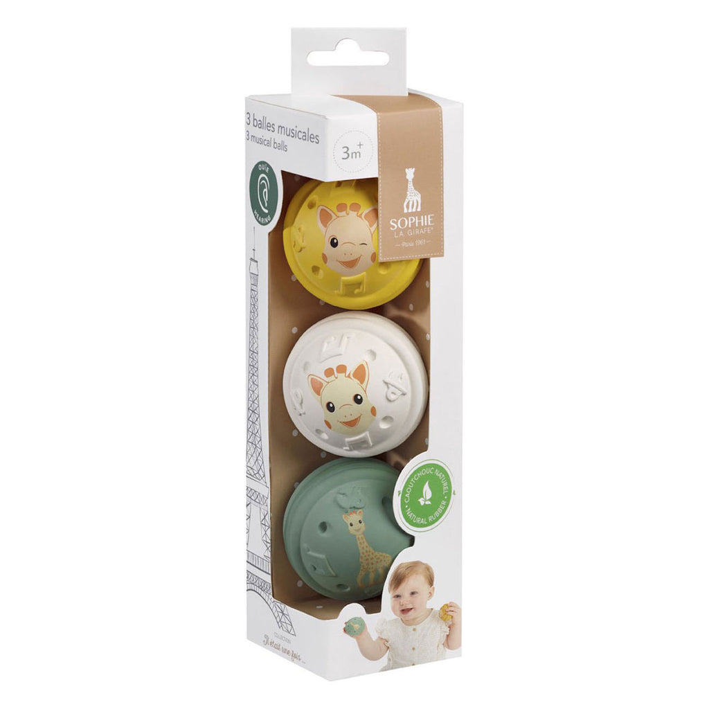 Sophie De Giraf - Sophie De Giraf muzikale speelballen - 5-senses collectie - speelgoedbal - babyspeelgoed - 100% natuurlijk rubber - ok-biobased - vanaf 3 maanden - geel/wit/groen - 3 stuks