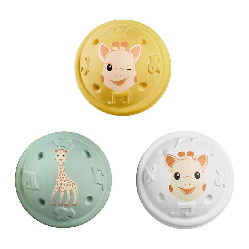 Sophie De Giraf - Sophie De Giraf muzikale speelballen - 5-senses collectie - speelgoedbal - babyspeelgoed - 100% natuurlijk rubber - ok-biobased - vanaf 3 maanden - geel/wit/groen - 3 stuks