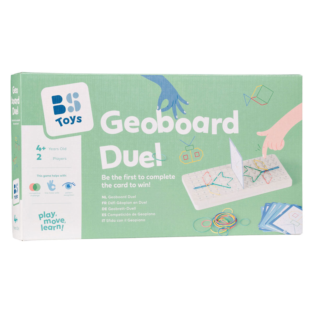 Bs toys geoboard duel - geobord spel vanaf 4 jaar - educatief kinderspeelgoed met elastieken 20 opdrachtkaarten - snelheidsspel voor 2 spelers - geoboard voor figuren vormen - patronen namaken - creatief denkspel voor ruimtelijk inzicht