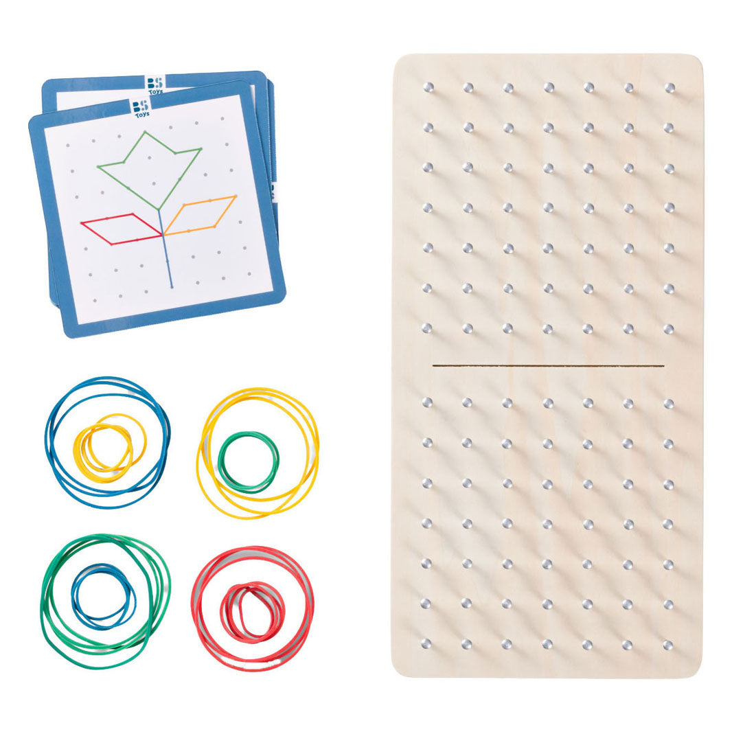 Bs toys geoboard duel - geobord spel vanaf 4 jaar - educatief kinderspeelgoed met elastieken 20 opdrachtkaarten - snelheidsspel voor 2 spelers - geoboard voor figuren vormen - patronen namaken - creatief denkspel voor ruimtelijk inzicht