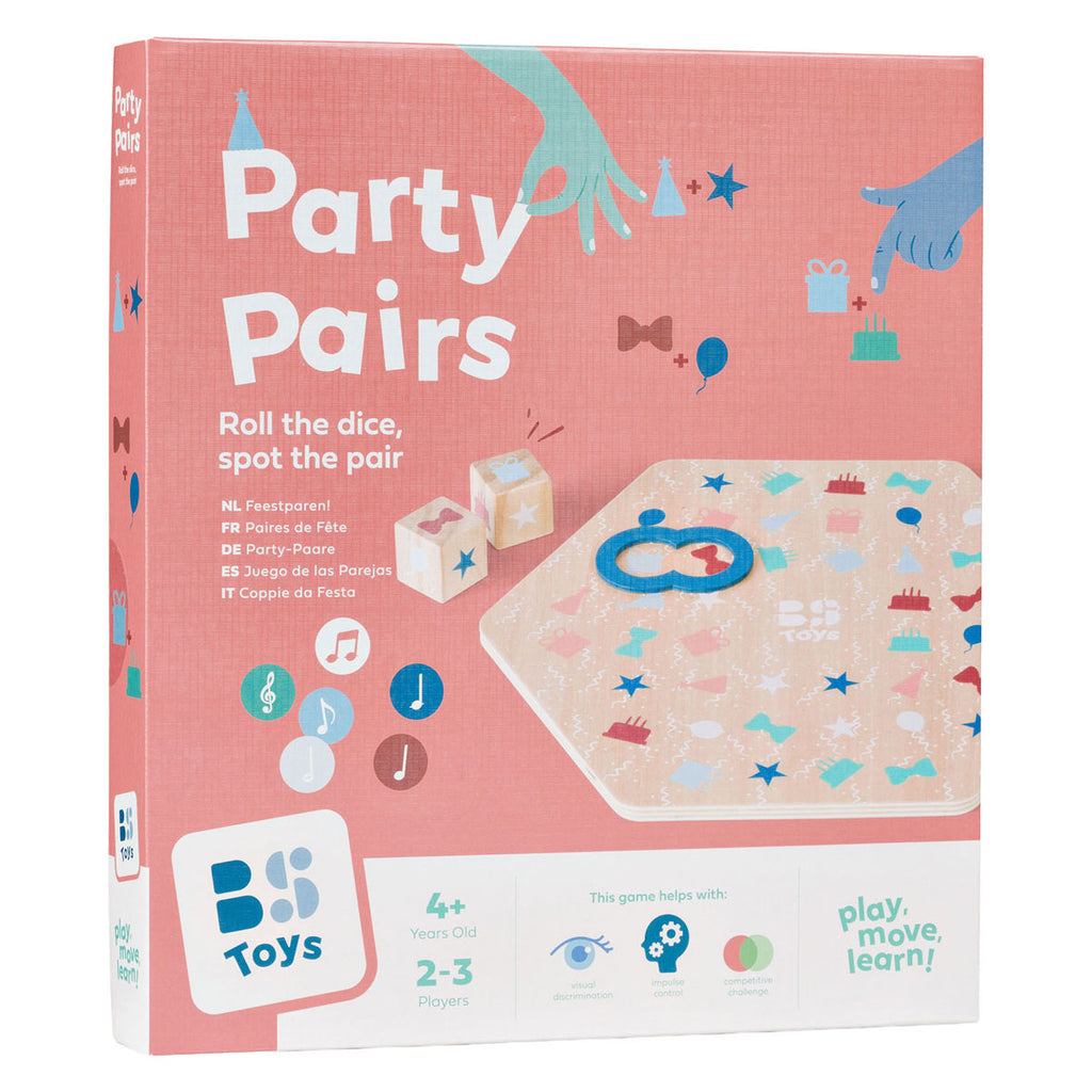 Bs toys feestparen! - houten speelgoed vanaf 4 jaar - educatief behendigheidsspel snelheidsspel voor 2-3 spelers - zoek afbeeldingsparen met dobbelstenen - met 3 zoekfiguren 18 chips - kinderspel voor concentratie, focus snel reageren
