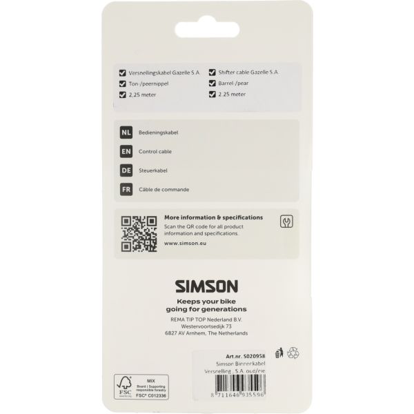 Simson - Versnellingskabel gazelle / sturmey archer - gegalvaniseerd
