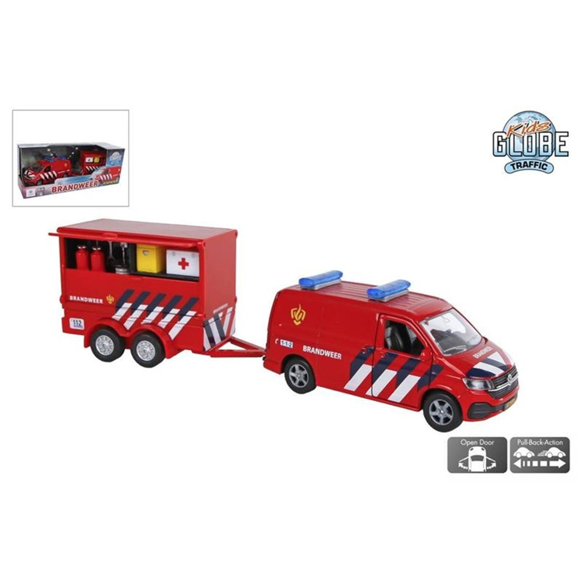 Kids globe vw transporter brandweer met aanhangwagen nl die cast pull back 27,5cm