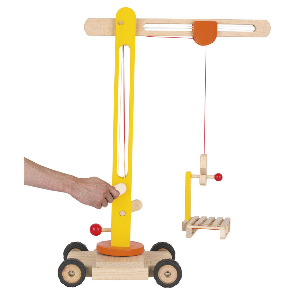 Goki - Houten voertuig: mobiele kraan 48x23x64cm met rubberen banden 3+