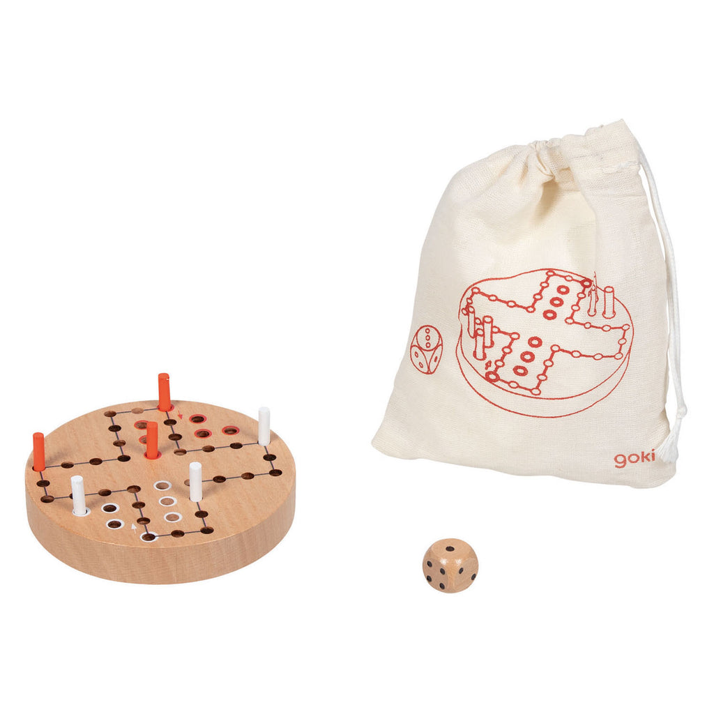 Goki - houten ludo spel in katoenen opbergzakje