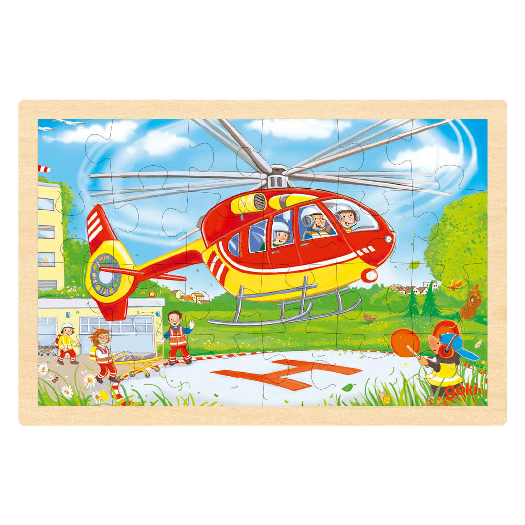 Goki houten legpuzzel - heli en brandweerwagen - 24st.