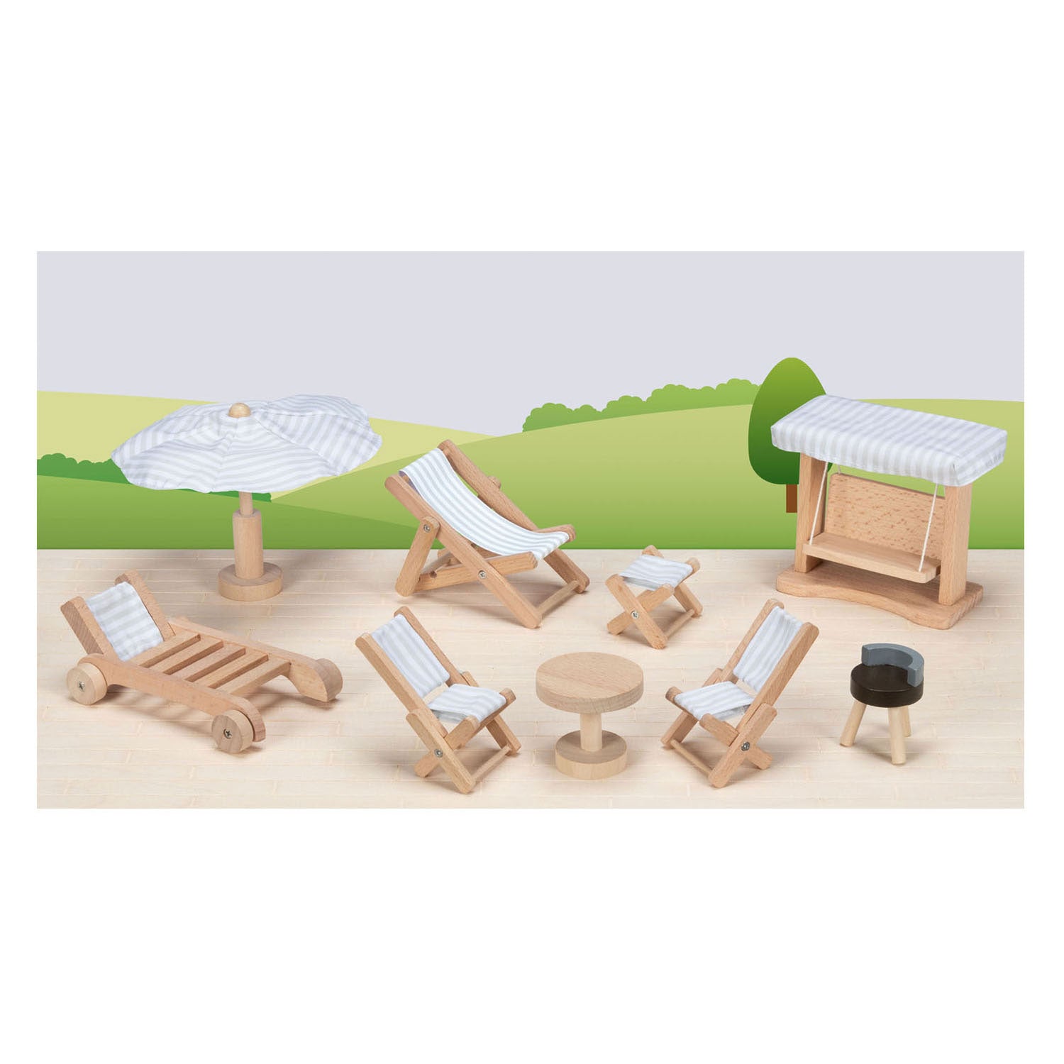 Goki houten poppenmeubels tuinmeubels, 9dlg.