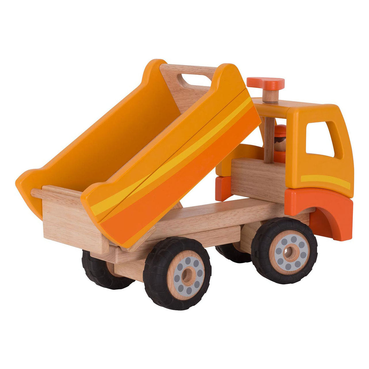 Goki - houten kiepwagen oranje met draaibare wielen
