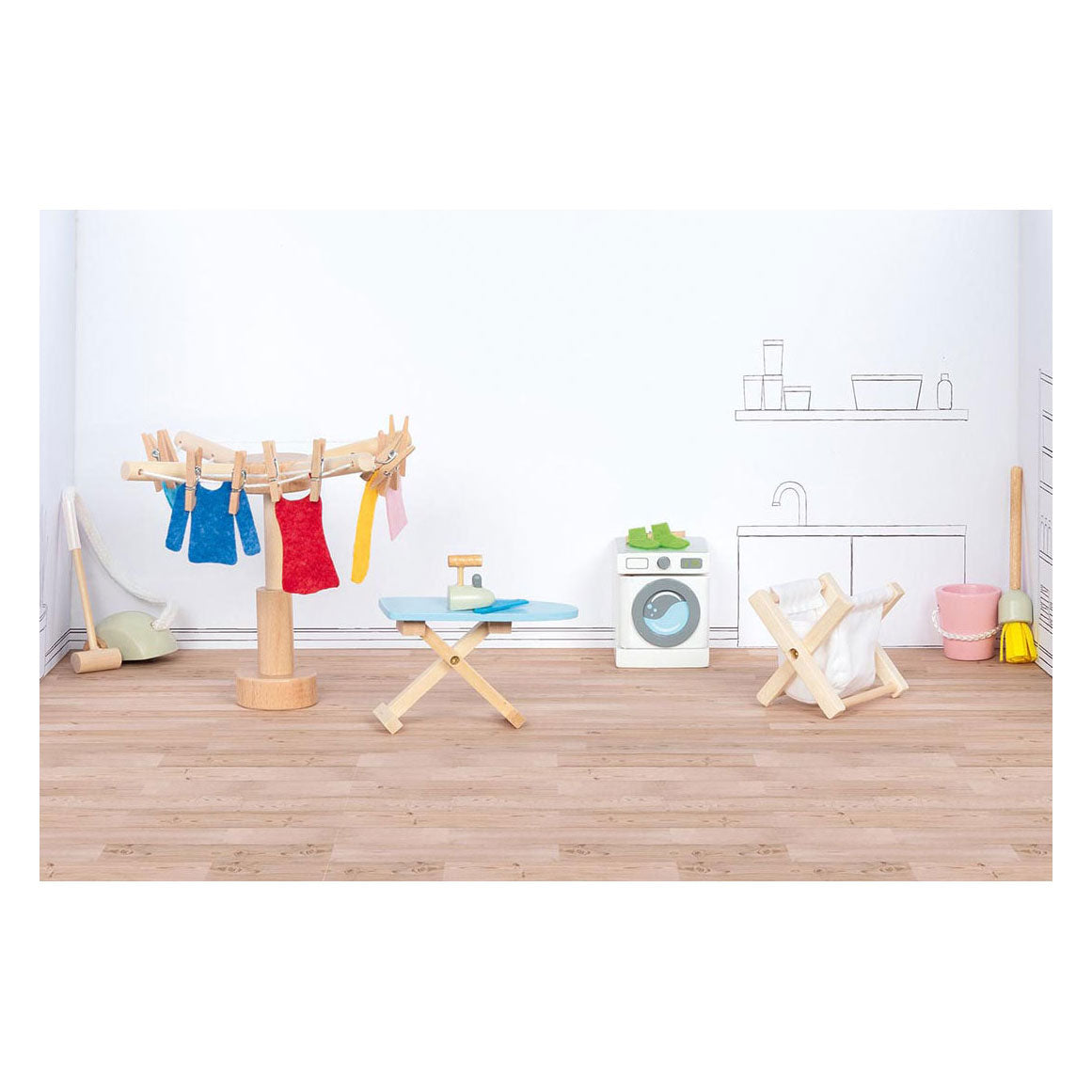 Goki - Poppenhuistoebehoren: washoksaccessoires 19-delig wasmachine 4x45x5cm hout en tekstiel 3+