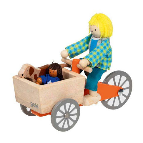 Goki poppenhuis houten bakfiets met kind en hond