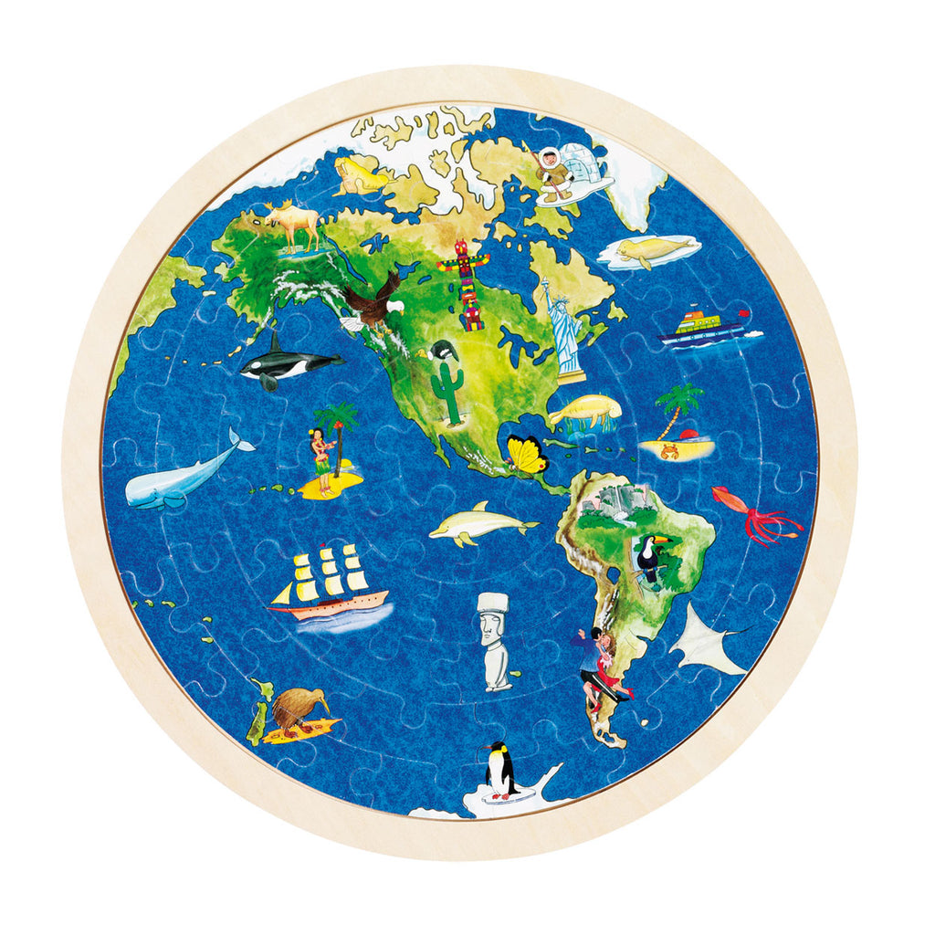 Goki dubbelzijdige houten puzzel - wereldbol, 57st.