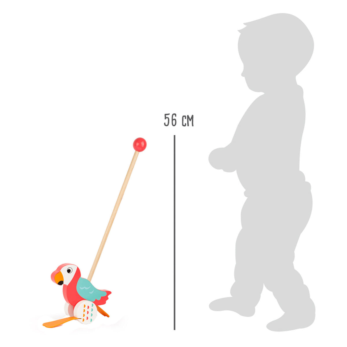 Small foot - houten duwfiguur papegaai lori met stok
