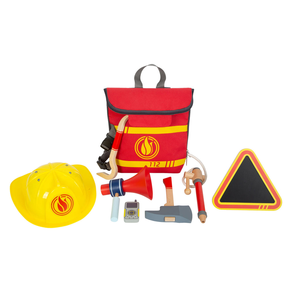 Small foot - brandweerman rugzak met houten brandweer attributen, 8dlg.