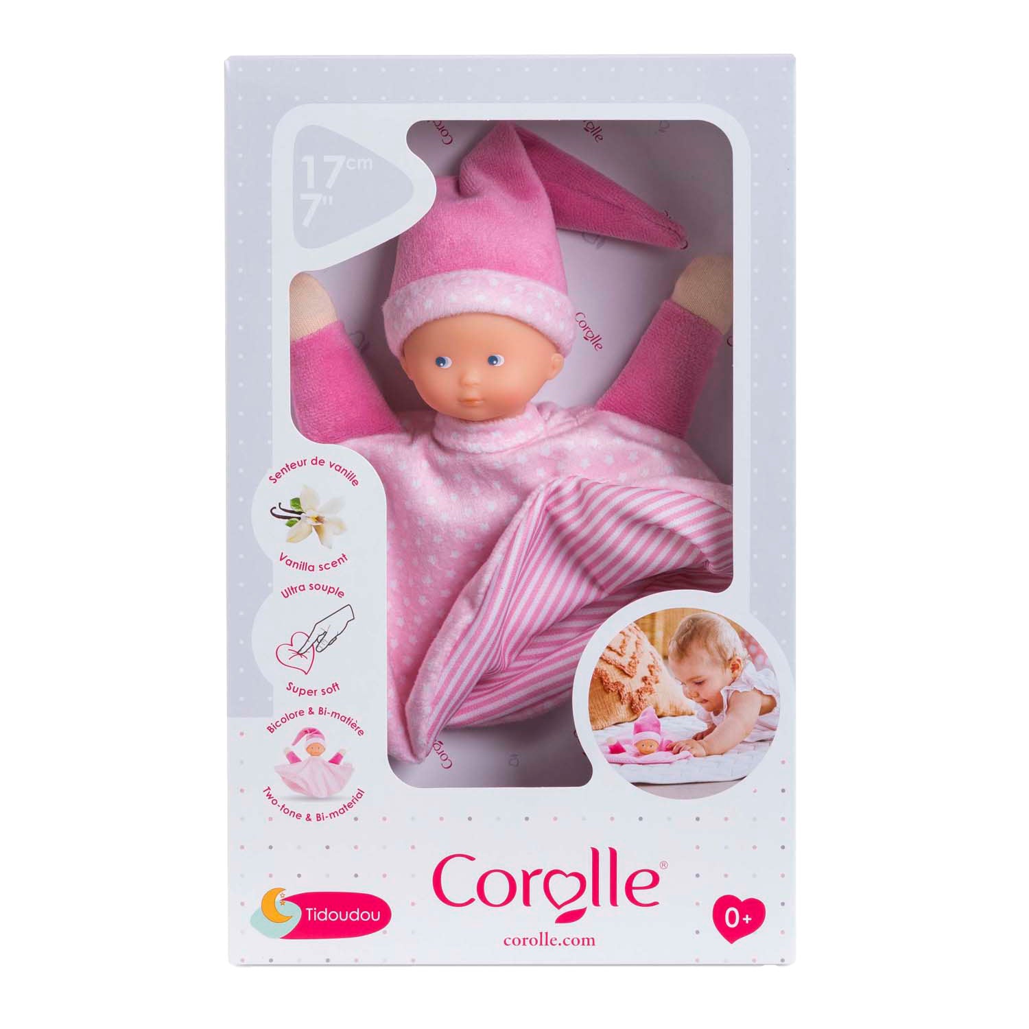 Corolle - knuffeldoek roze - tidoudou babydoekje 17cm voor baby's.