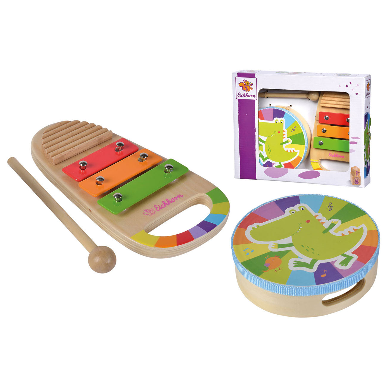 Eichhorn houten trommel en xylofoon muziekset, 3dlg.
