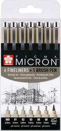 Sakura - Sakura pigma micron fineliners set - 6 fineliners + 1 pigma penseel