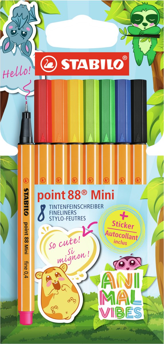 STABILO - STABILO point 88 mini - premium fineliner - animal vibes - etui met 8 kleuren + sticker