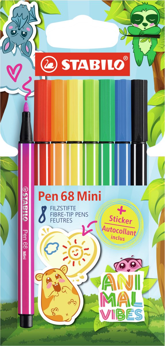Stabilo pen 68 mini - premium viltstift - animal vibes - etui met 8 kleuren + sticker
