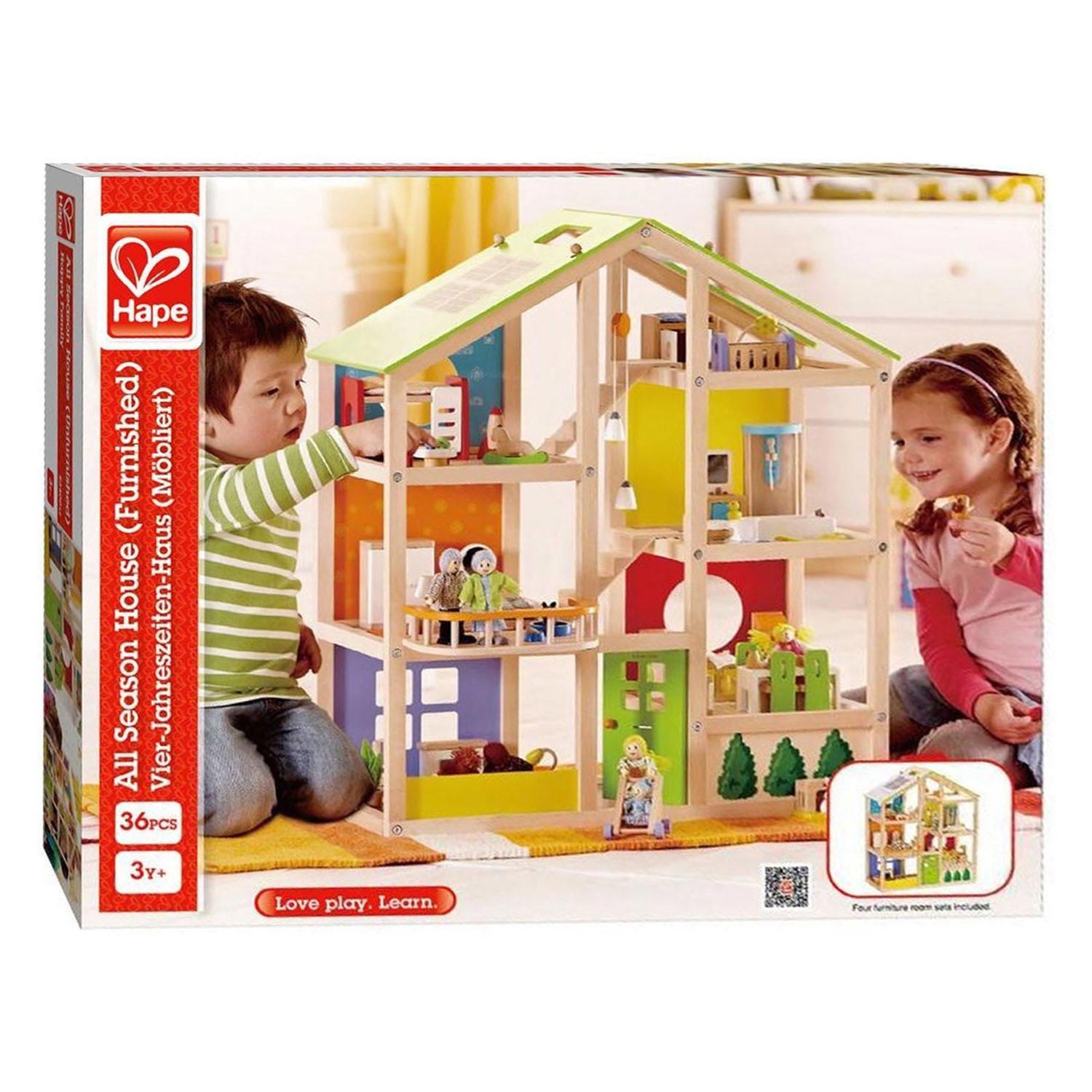 Hape houten 4 seizoenen poppenhuis met meubels