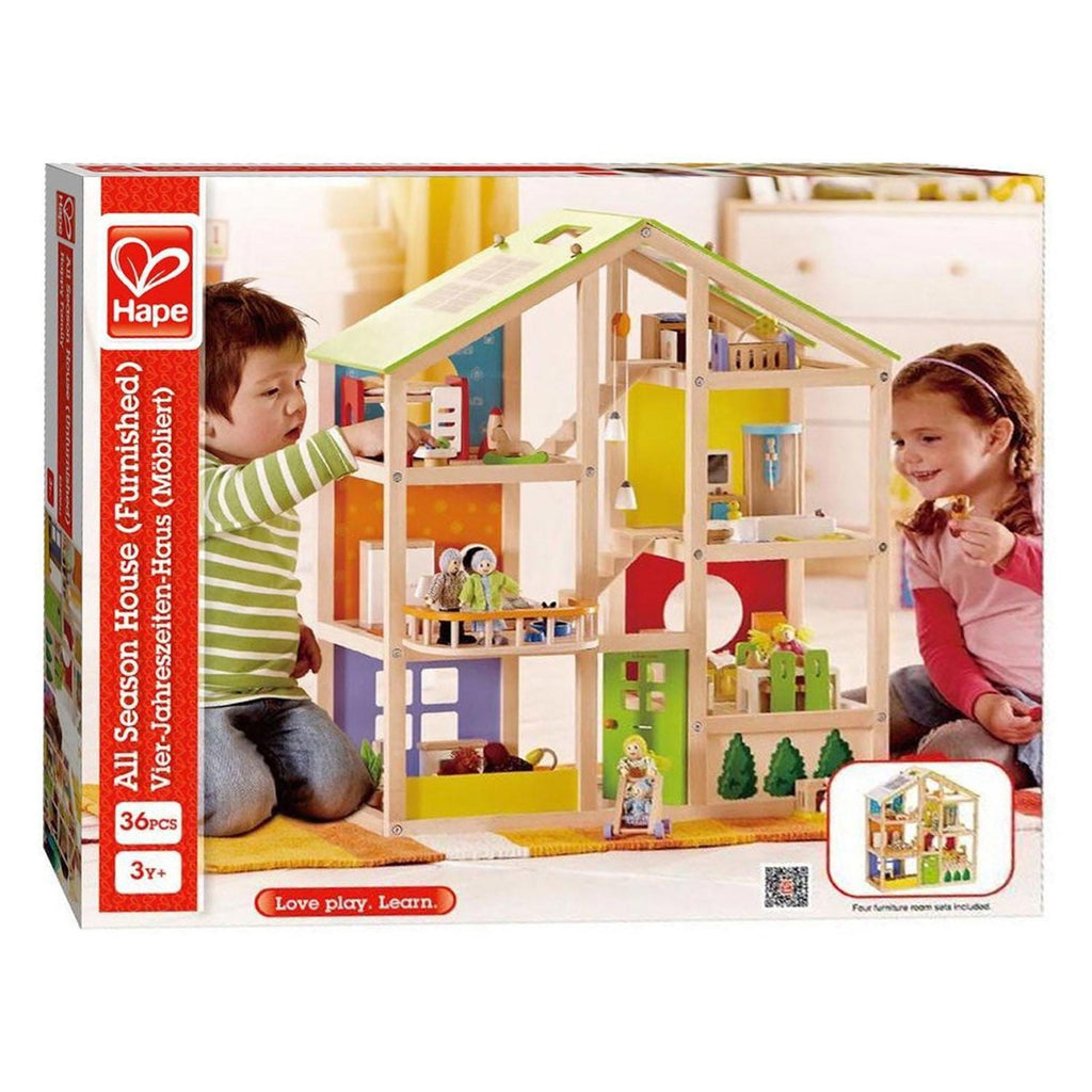 Hape houten 4 seizoenen poppenhuis met meubels