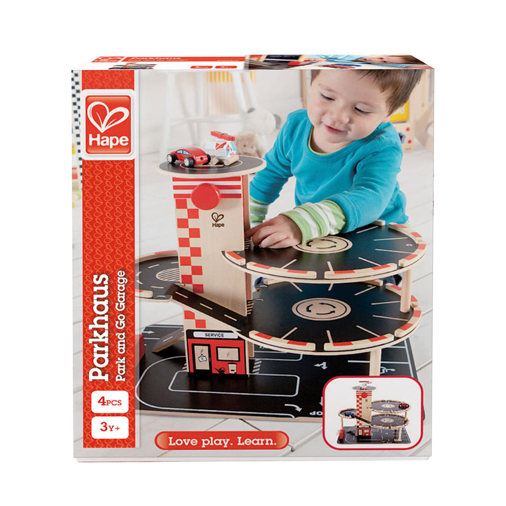 Hape park go garage - speelgoed parkeergarage met lift, helikopter en auto's, 3 jaar+