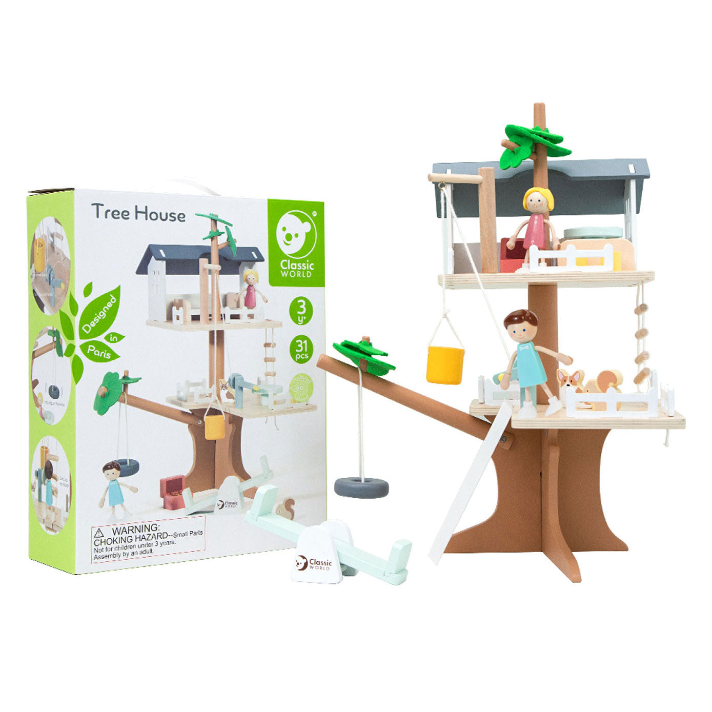 Classic world houten poppenhuis boomhut, 31dlg.